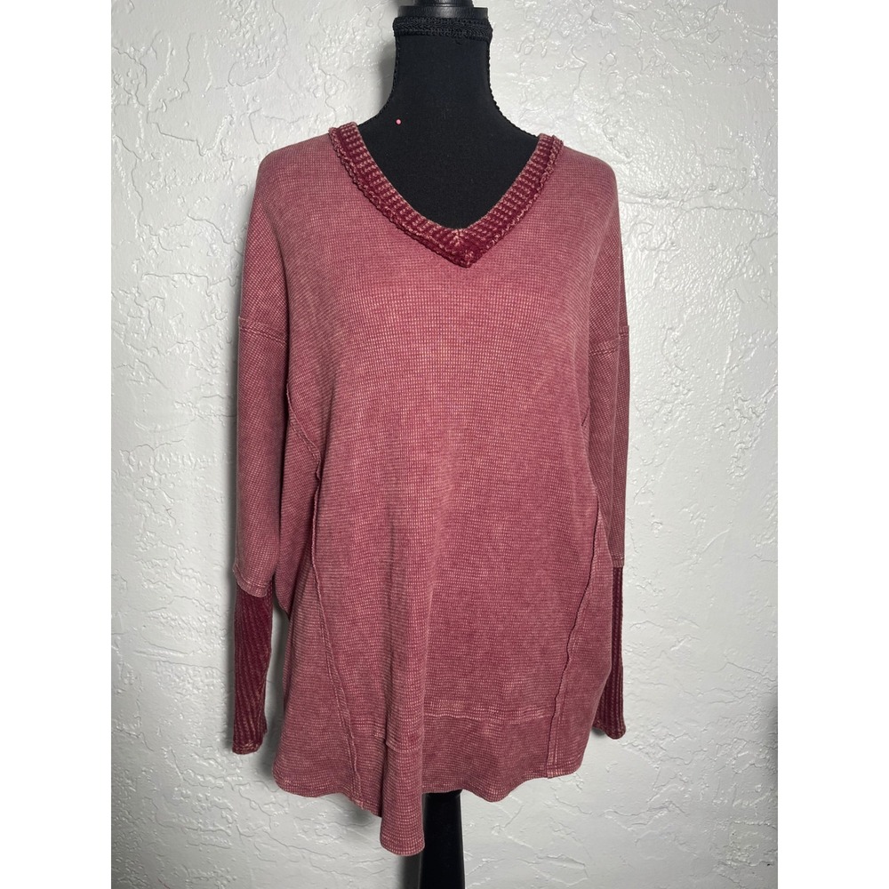 J.Her Waffle Knit Thermal Top Women's S Dusty Rose V-Neck Oversized Boho